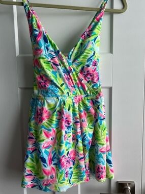 Floral V-Neck One-Piece Swim Dress in Pink, Blue & Green